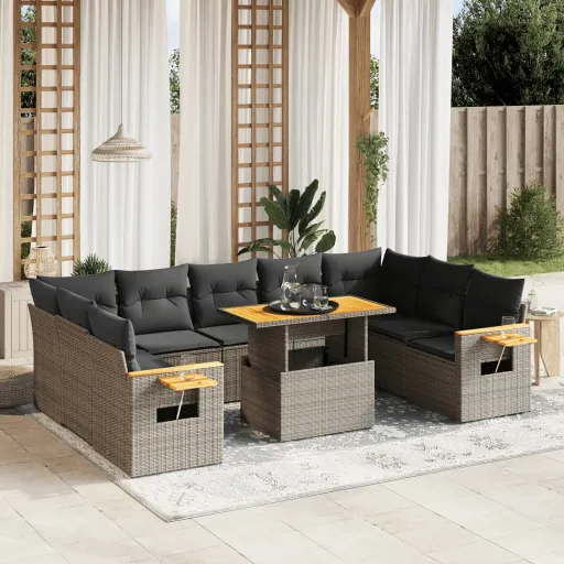 Conjunto Sofás de Jardim c/ Almofadões Vime PE Cinzento (10 pcs)