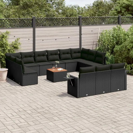 Conjunto de Sofás p/ Jardim c/ Almofadões Vime PE Preto (14 pcs)