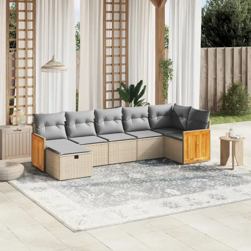 Conj. Sofás Jardim c/ Almofadões Vime PE Bege Misturado (7 pcs)