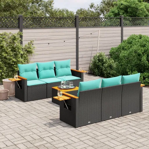 Conjunto de Sofás p/ Jardim c/ Almofadões Vime PE Preto (7 pcs)