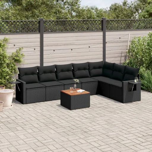 Conjunto Sofás de Jardim com Almofadões Vime PE Preto (8 pcs)