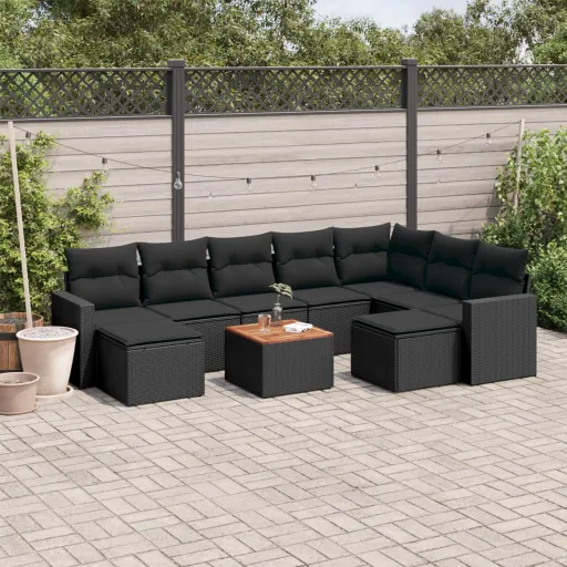 Conjunto Sofás de Jardim c/ Almofadões Vime PE Preto (10 pcs)