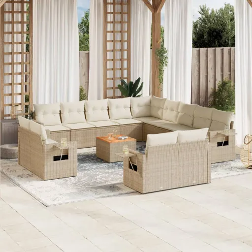 Conjunto de Sofás p/ Jardim com Almofadões Vime PE Bege (14 pcs)