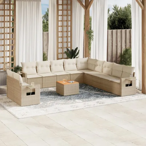 Conjunto de Sofás p/ Jardim com Almofadões Vime PE Bege (12 pcs)