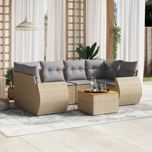 Conjunto de Sofás p/ Jardim com Almofadões Vime PE Bege (7 pcs)