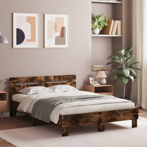 Estrutura Cama c/ Cabeceira/Luzes LED 135x190cm Carvalho Fumado
