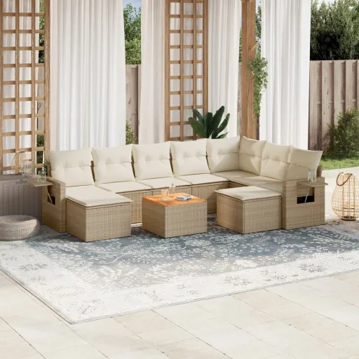 Conjunto de Sofás p/ Jardim com Almofadões Vime PE Bege (10 pcs)