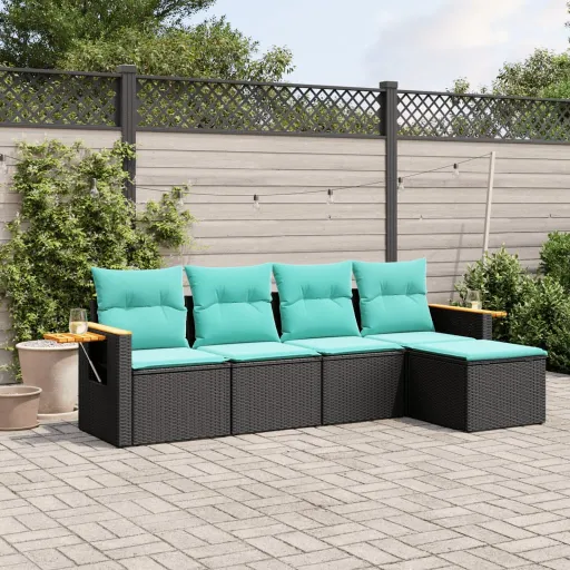 Conjunto de Sofás p/ Jardim c/ Almofadões Vime PE Preto (5 pcs)