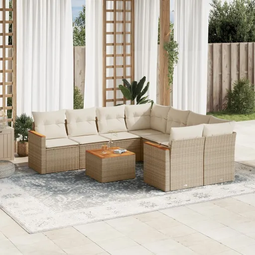 Conjunto de Sofás p/ Jardim com Almofadões Vime PE Bege (9 pcs)
