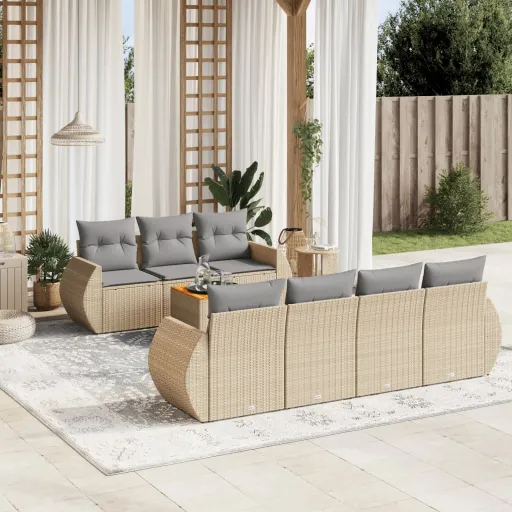 Conjunto de Sofás p/ Jardim com Almofadões Vime PE Bege (8 pcs)