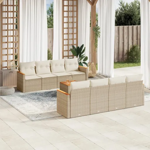 Conjunto de Sofás p/ Jardim com Almofadões Vime PE Bege (9 pcs)