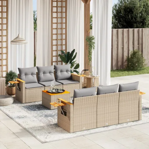 Conjunto de Sofás p/ Jardim com Almofadões Vime PE Bege (7 pcs)