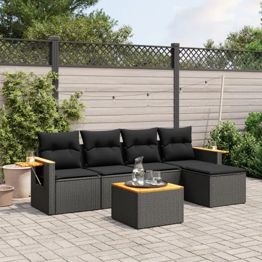 Conjunto Sofás de Jardim c/ Almofadões Vime PE Preto (6 pcs)