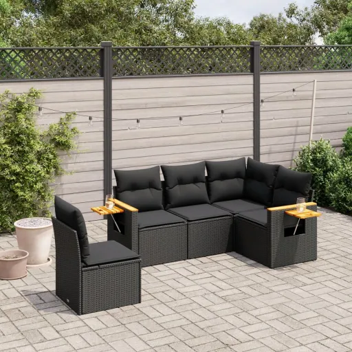 Conjunto Sofás de Jardim com Almofadões Vime PE Preto (5 pcs)