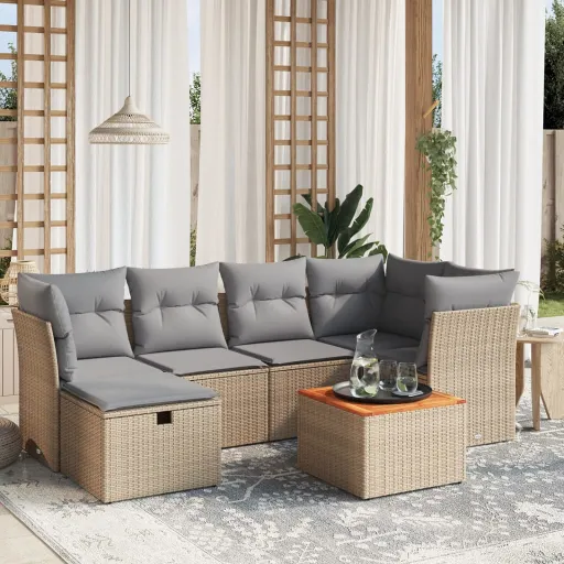 Conj. Sofás Jardim c/ Almofadões Vime PE Bege Misturado (7 pcs)
