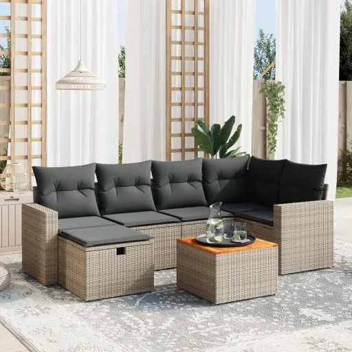 Conjunto Sofás p/ Jardim c/ Almofadões Vime PE Cinzento (7 pcs)