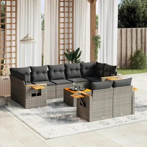 Conjunto Sofás de Jardim c/ Almofadões Vime PE Cinzento (10 pcs)