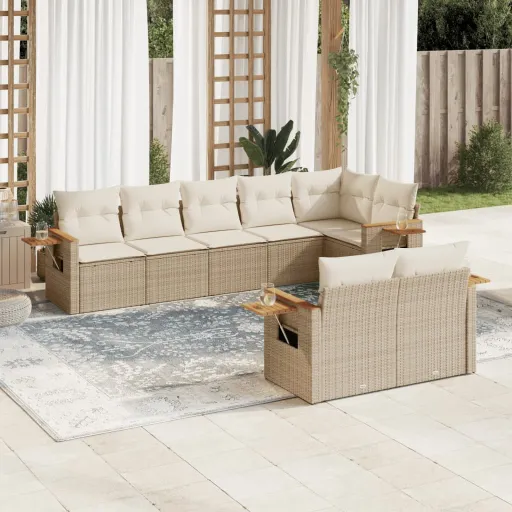 Conjunto de Sofás p/ Jardim com Almofadões Vime PE Bege (8 pcs)