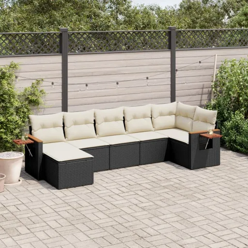 Conjunto de Sofás p/ Jardim c/ Almofadões Vime PE Preto (7 pcs)