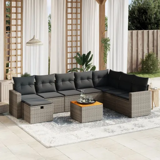 Conjunto Sofás p/ Jardim com Almofadões Vime PE Cinzento (9 pcs)