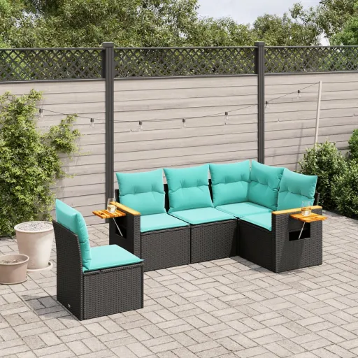 Conjunto de Sofás p/ Jardim c/ Almofadões Vime PE Preto (5 pcs)