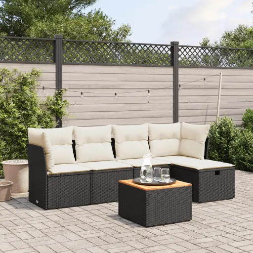 Conjunto Sofás de Jardim c/ Almofadões Vime PE Preto (6 pcs)
