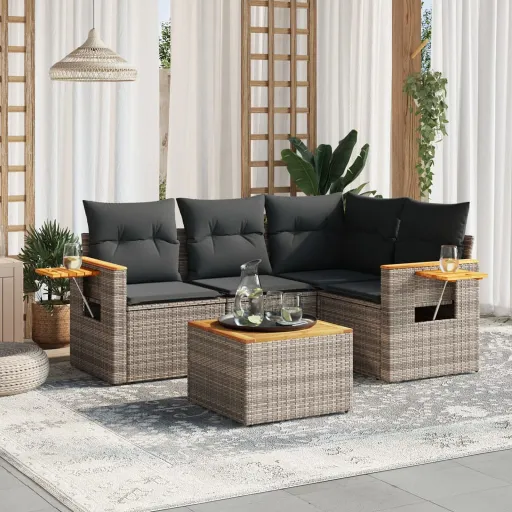 Conjunto Sofás de Jardim c/ Almofadões Vime PE Cinzento (5 pcs)