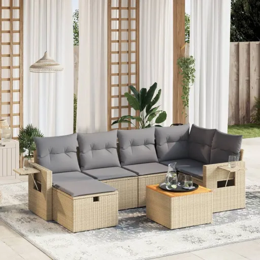 Conj. Sofás Jardim c/ Almofadões Vime PE Bege Misturado (7 pcs)