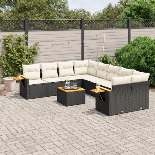 Conjunto de Sofás p/ Jardim c/ Almofadões Vime PE Preto (9 pcs)