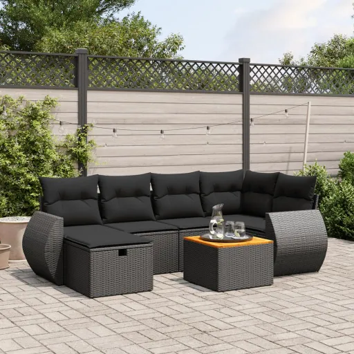 Conjunto de Sofás p/ Jardim c/ Almofadões Vime PE Preto (7 pcs)