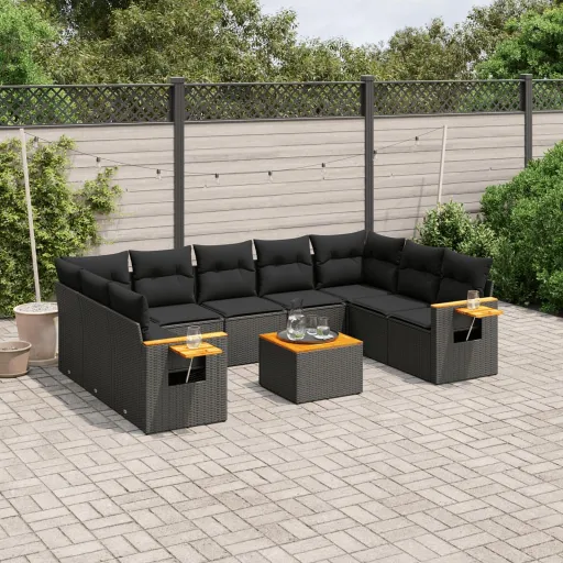 Conjunto Sofás de Jardim c/ Almofadões Vime PE Preto (10 pcs)