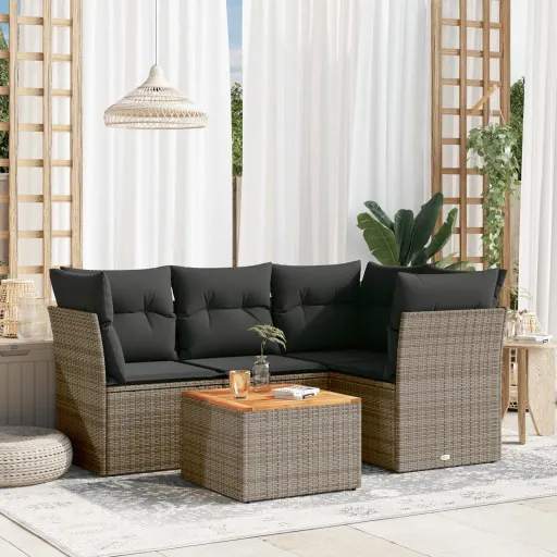 Conjunto Sofás de Jardim c/ Almofadões Vime PE Cinzento (5 pcs)