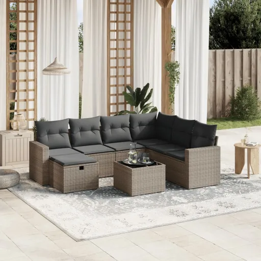Conjunto Sofás de Jardim c/ Almofadões Vime PE Cinzento (8 pcs)