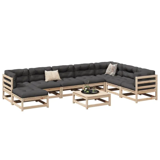 Conjunto Sofás de Jardim com Almofadões Pinho Maciço (9 pcs)