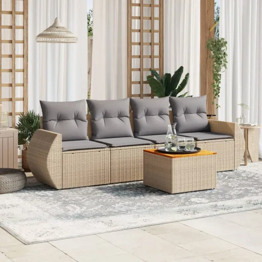 Conjunto de Sofás p/ Jardim com Almofadões Vime PE Bege (5 pcs)