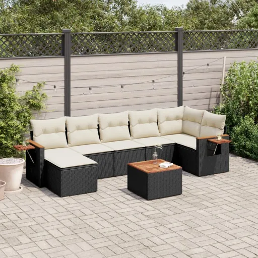 Conjunto Sofás de Jardim com Almofadões Vime PE Preto (8 pcs)