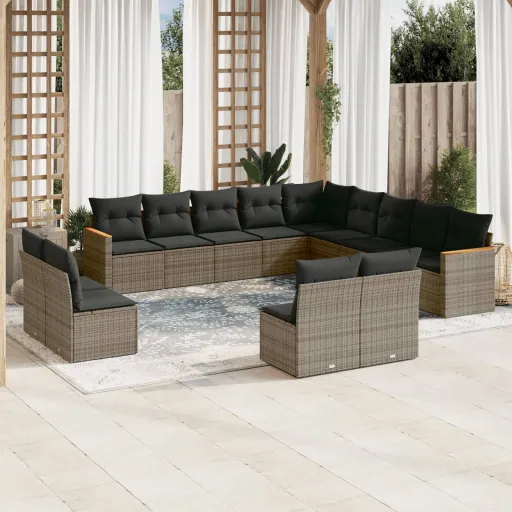 Conjunto Sofás p/ Jardim c/ Almofadões Vime PE Cinzento (13 pcs)