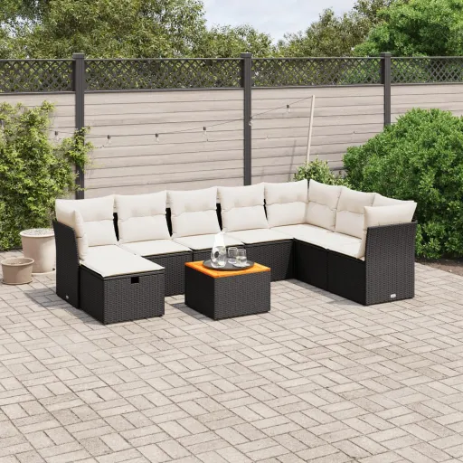 Conjunto de Sofás p/ Jardim c/ Almofadões Vime PE Preto (9 pcs)