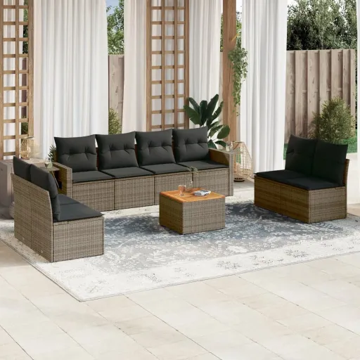 Conjunto Sofás p/ Jardim com Almofadões Vime PE Cinzento (9 pcs)