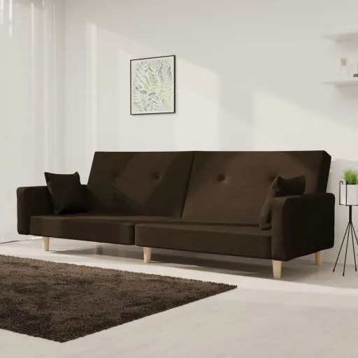 Sofá-Cama 2 Lugares com Duas Almofadas Tecido Castanho-Escuro