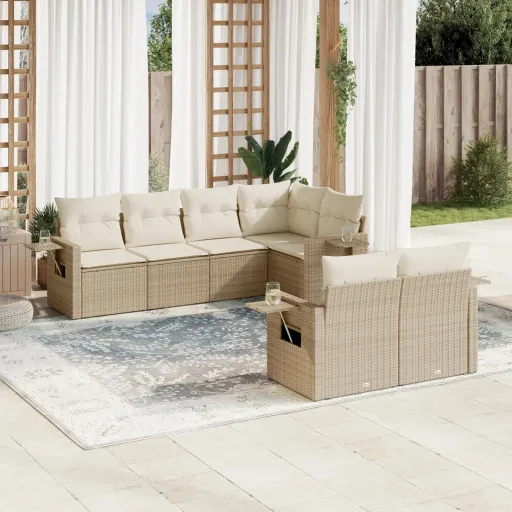 Conjunto de Sofás p/ Jardim com Almofadões Vime PE Bege (7 pcs)