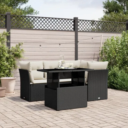 Conjunto Sofás de Jardim com Almofadões Vime PE Preto (5 pcs)