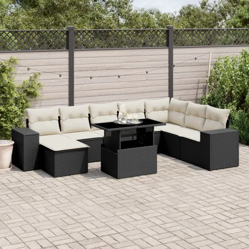 Conjunto de Sofás p/ Jardim c/ Almofadões Vime PE Preto (9 pcs)