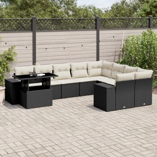 Conjunto Sofás de Jardim c/ Almofadões Vime PE Preto (10 pcs)