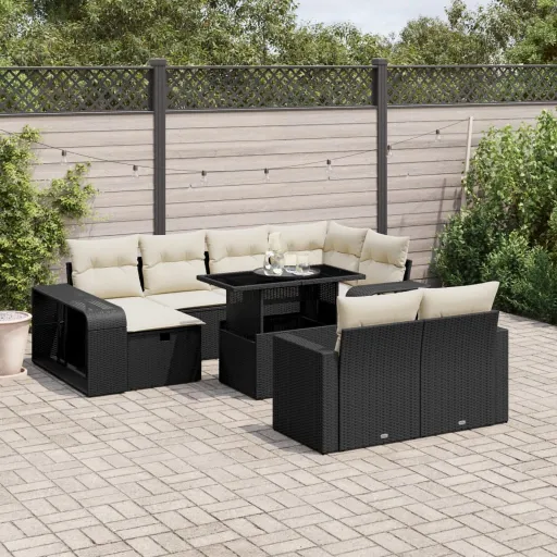 Conjunto Sofás de Jardim c/ Almofadões Vime PE Preto (11 pcs)