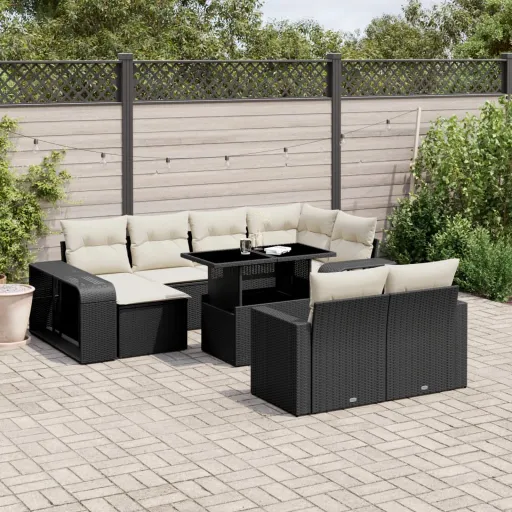 Conjunto Sofás de Jardim c/ Almofadões Vime PE Preto (11 pcs)