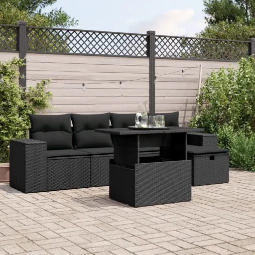 Conjunto Sofás de Jardim c/ Almofadões Vime PE Preto (6 pcs)
