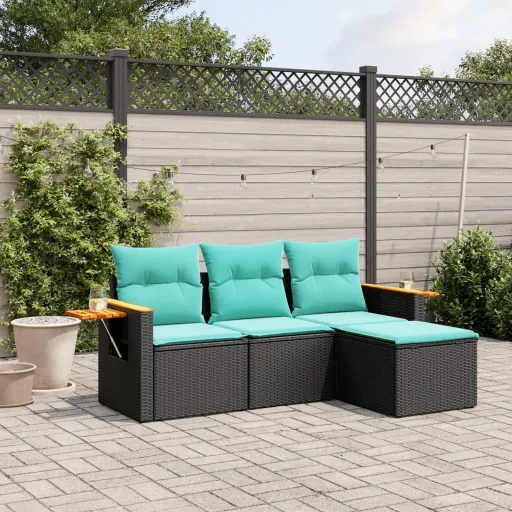 Conjunto de Sofás p/ Jardim c/ Almofadões Vime PE Preto (4 pcs)