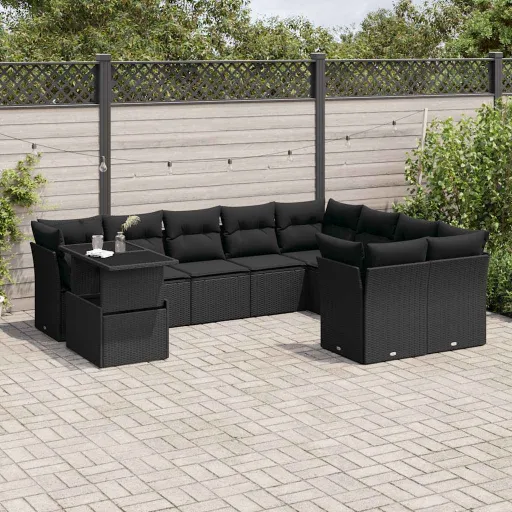 Conjunto Sofás de Jardim c/ Almofadões Vime PE Preto (10 pcs)