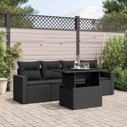 Conjunto Sofás de Jardim com Almofadões Vime PE Preto (5 pcs)